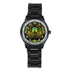 Beautiful Gold And Green Fractal Peacock Feathers Stainless Steel Round Watch by jayaprime