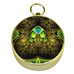 Beautiful Gold And Green Fractal Peacock Feathers Gold Compasses by jayaprime