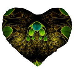 Beautiful Gold And Green Fractal Peacock Feathers Large 19  Premium Flano Heart Shape Cushions by jayaprime