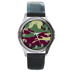 Camuflage Flag Green Purple Grey Round Metal Watch