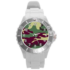 Camuflage Flag Green Purple Grey Round Plastic Sport Watch (l)