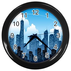 City Building Blue Sky Wall Clocks (black)