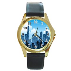 City Building Blue Sky Round Gold Metal Watch