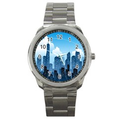 City Building Blue Sky Sport Metal Watch by Mariart