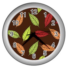 Autumn Leaves Pattern Wall Clocks (silver)  by Mariart