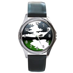 Landscape Silhouette Clipart Kid Abstract Family Natural Green White Round Metal Watch