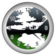 Landscape Silhouette Clipart Kid Abstract Family Natural Green White Wall Clocks (silver)  by Mariart