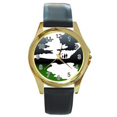 Landscape Silhouette Clipart Kid Abstract Family Natural Green White Round Gold Metal Watch