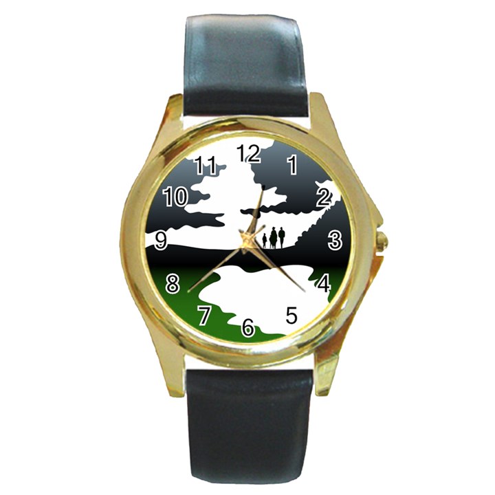 Landscape Silhouette Clipart Kid Abstract Family Natural Green White Round Gold Metal Watch