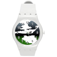 Landscape Silhouette Clipart Kid Abstract Family Natural Green White Round Plastic Sport Watch (m) by Mariart