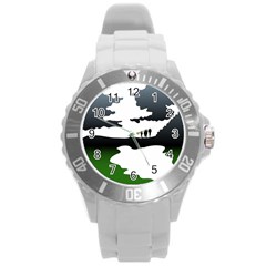 Landscape Silhouette Clipart Kid Abstract Family Natural Green White Round Plastic Sport Watch (l)