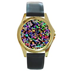 Colorful Paint Strokes On A Black Background                                Round Gold Metal Watch by LalyLauraFLM