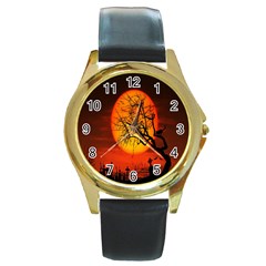 Helloween Midnight Graveyard Silhouette Round Gold Metal Watch