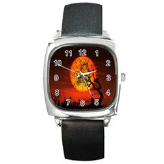 Helloween Midnight Graveyard Silhouette Square Metal Watch by Mariart