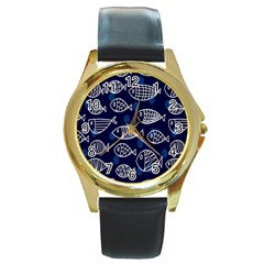 Love Fish Seaworld Swim Blue White Sea Water Cartoons Round Gold Metal Watch