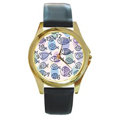 Love Fish Seaworld Swim Blue White Sea Water Cartoons Rainbow Polka Dots Round Gold Metal Watch