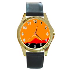 Mountains Natural Orange Red Black Round Gold Metal Watch by Mariart