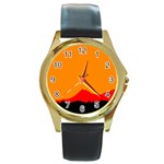 Mountains Natural Orange Red Black Round Gold Metal Watch Front