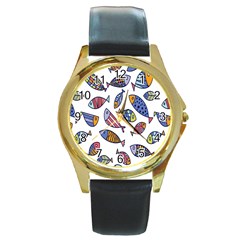 Love Fish Seaworld Swim Rainbow Cartoons Round Gold Metal Watch