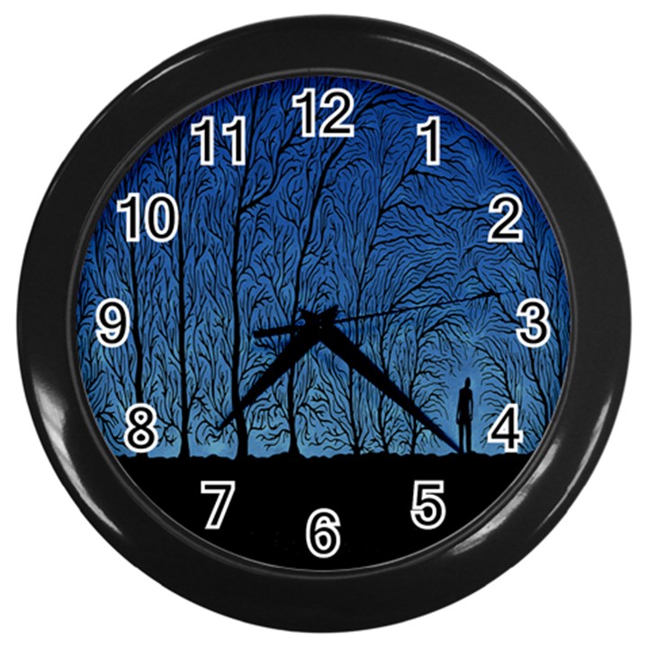 Forest Tree Night Blue Black Man Wall Clocks (Black)