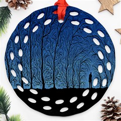 Forest Tree Night Blue Black Man Round Filigree Ornament (two Sides)