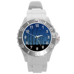 Forest Tree Night Blue Black Man Round Plastic Sport Watch (l)