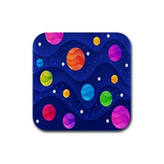 Planet Space Moon Galaxy Sky Blue Polka Rubber Square Coaster (4 Pack)  by Mariart