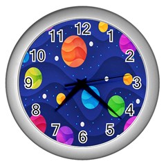 Planet Space Moon Galaxy Sky Blue Polka Wall Clocks (silver)  by Mariart