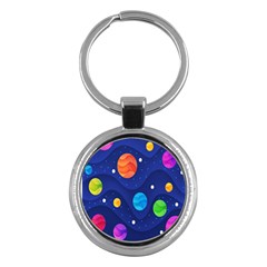 Planet Space Moon Galaxy Sky Blue Polka Key Chains (round)  by Mariart