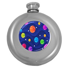 Planet Space Moon Galaxy Sky Blue Polka Round Hip Flask (5 Oz)