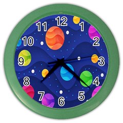 Planet Space Moon Galaxy Sky Blue Polka Color Wall Clocks by Mariart