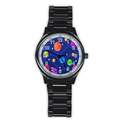 Planet Space Moon Galaxy Sky Blue Polka Stainless Steel Round Watch