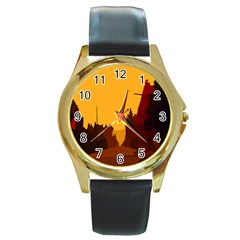 Road Trees Stop Light Richmond Ace Round Gold Metal Watch