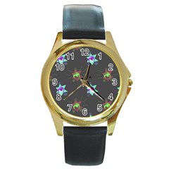 Random Doodle Pattern Star Round Gold Metal Watch by Mariart