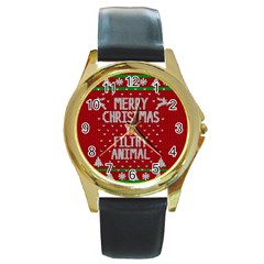 Ugly Christmas Sweater Round Gold Metal Watch by Valentinaart