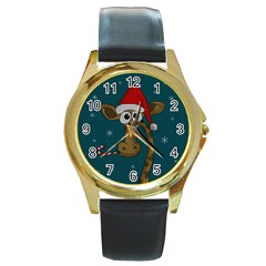 Christmas Giraffe  Round Gold Metal Watch by Valentinaart