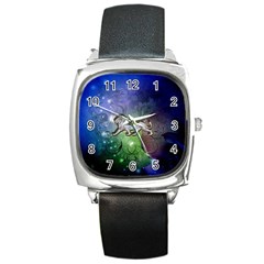 Wonderful Lion Silhouette On Dark Colorful Background Square Metal Watch by FantasyWorld7