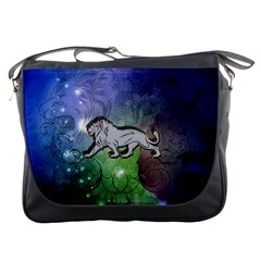 Wonderful Lion Silhouette On Dark Colorful Background Messenger Bags by FantasyWorld7