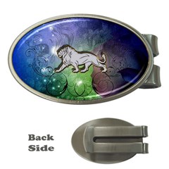 Wonderful Lion Silhouette On Dark Colorful Background Money Clips (oval)  by FantasyWorld7