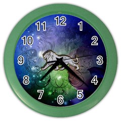 Wonderful Lion Silhouette On Dark Colorful Background Color Wall Clocks by FantasyWorld7