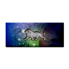 Wonderful Lion Silhouette On Dark Colorful Background Hand Towel by FantasyWorld7