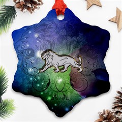 Wonderful Lion Silhouette On Dark Colorful Background Ornament (snowflake) by FantasyWorld7