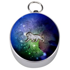 Wonderful Lion Silhouette On Dark Colorful Background Silver Compasses by FantasyWorld7