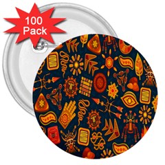 Tribal Ethnic Blue Gold Culture 3  Buttons (100 Pack) 