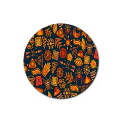 Tribal Ethnic Blue Gold Culture Rubber Coaster (round)  by Mariart