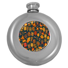 Tribal Ethnic Blue Gold Culture Round Hip Flask (5 Oz) by Mariart