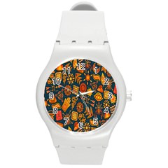 Tribal Ethnic Blue Gold Culture Round Plastic Sport Watch (m)