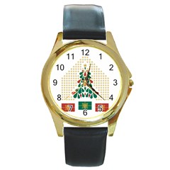 Christmas Tree Present House Star Round Gold Metal Watch by Celenk