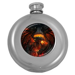 Dragon Legend Art Fire Digital Fantasy Round Hip Flask (5 Oz) by Celenk