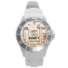 Vintage Newspapers Headline Typography Round Plastic Sport Watch (l) by yoursparklingshop